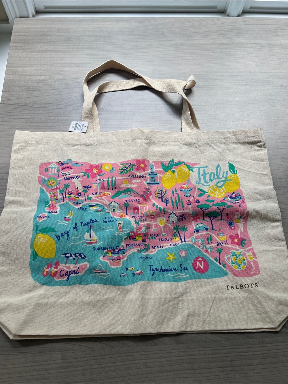 Talbots Natural Canvas Tote with Pink, Turquoise and Yellow Italy Map Print